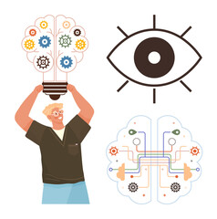 Young person holding gear lightbulb symbolizing innovation. Brain diagram highlights complex connections. Eye signifies vision and focus. Ideal for creativity, innovation, mental processes, teamwork