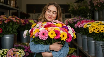 Happy young woman with a love for flowers embraces a vibrant bouquet of colorful gerbera daisies in a floral shop