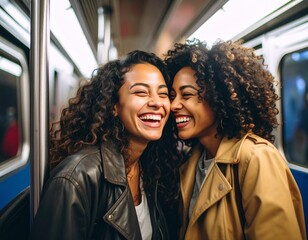 An intimate shot of two best friends whispering and giggling on a subway car. They are trying to suppress their laughter, sharing a private joke.