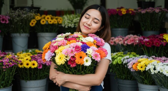 Serene young Asian woman embracing a vibrant bouquet of colorful gerbera daisies, expressing pure happiness in a flower market.