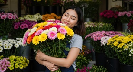 Joyful young Asian female florist lovingly holding a large, vibrant bouquet of colorful gerbera daisies in her shop