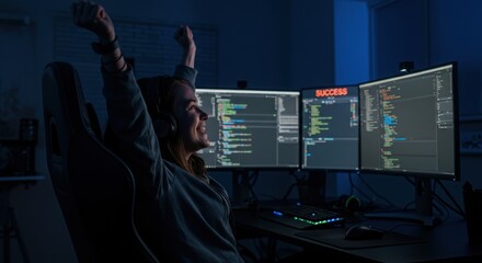 Triumphant female software developer celebrates a successful project, raising her arms in a dark office in front of multiple monitors with code.