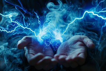 Faceless hands holding or generating electric energy, glowing blue lightning between fingers, abstract power symbol.
