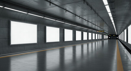 Futuristic Subway Platform with Blank Digital Billboards