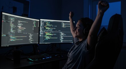 Female programmer celebrating a successful coding project late at night, arms raised in victory in front of dual monitors.
