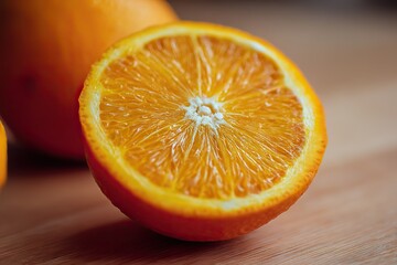 Orange is cut in half on a table with a blurred background, contrasting brightness and saturation to highlight details and textures, adding vibrancy and color to visually appealing commercial uses.