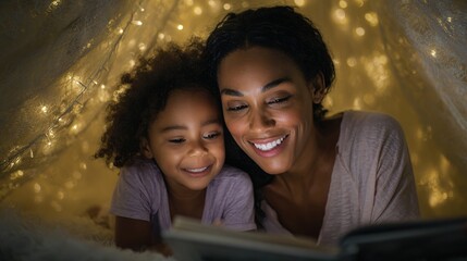 Candid Moment of Joyful Bonding: In a softly lit haven, a mother and daughter share a cherished moment of reading together, illuminated by the warm glow of fairy lights.