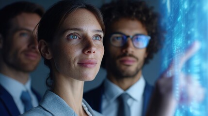 Future Vision: A diverse team of forward-thinking professionals, deeply engaged with an ethereal holographic display, embodying a visionary exploration of advanced technology and collaboration.