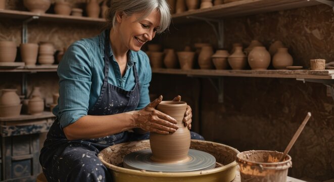 Joyful senior artisan woman shaping a clay pot on a potter's wheel in her cozy workshop.