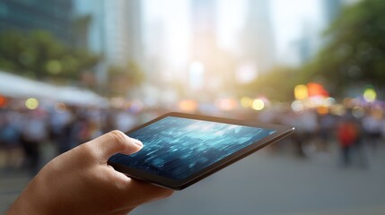 Technological Touch: A hand delicately interacts with a sleek tablet, displaying data streams, with the dynamic backdrop of a bustling city.