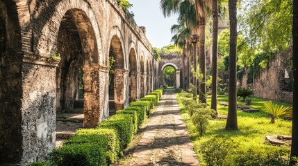 Obraz premium Ancient Ruins Pathway in Lush Greenery: A Serene Tropical Garden