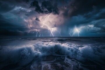 Massive lightning storm over dark ocean, multiple lightning bolts illuminating waves, surreal nature power concept.
