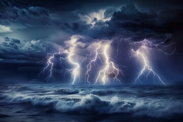 Massive lightning storm over dark ocean, multiple lightning bolts illuminating waves, surreal nature power concept.