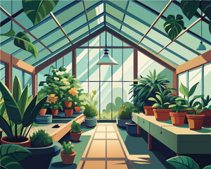 colorful illustration of a greenhouse filled with potted medicinal plants