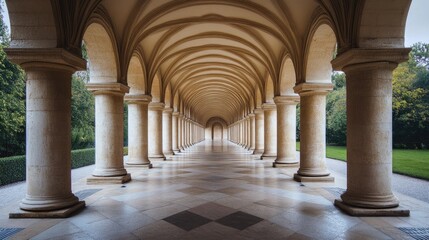 Serene Colonnade: Architectural Grandeur in a Tranquil Garden