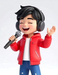 A joyful 3D animated boy in a red jacket, wearing headphones and singing passionately into a microphone with closed eyes.