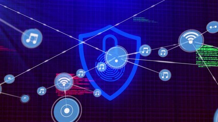 Glowing shield initiating fingerprint scan, extending lines to media and wifi nodes forming network - Powered by Adobe