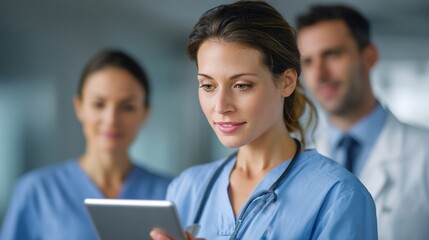 Fototapeta premium Medical Team Consultation: A focused healthcare professional, clad in a medical scrub, intently reviews information on a digital tablet, accompanied by colleagues in a modern.