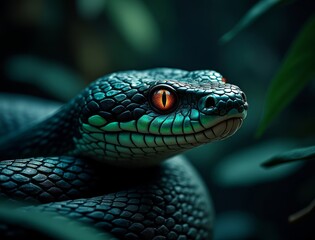Obraz premium Intense close up of a green viper with fiery orange eyes in lush foliage
