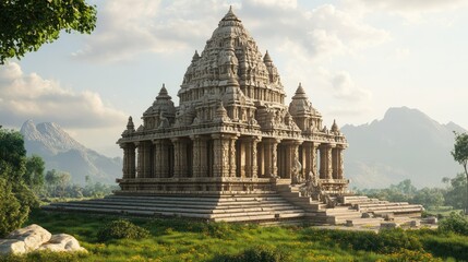 Obraz premium Majestic Temple in Mountainous Landscape: A Digital Masterpiece