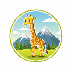 Fototapeta premium Cute Giraffe Cartoon Illustration with Snowy Mountains Background and Greenery Surroundings in Frame