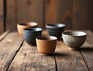 Rustic ceramic tea cups arranged on a weathered wooden surface