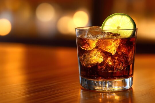Close-up of a rum and coke cocktail garnished with lime.