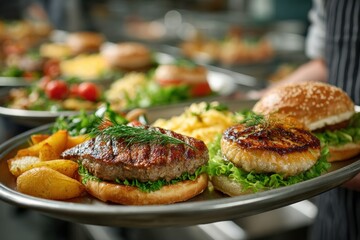 Fototapeta premium Catering service distributing plates with burgers, fish, potatoes and vegetables in a professional kitchen