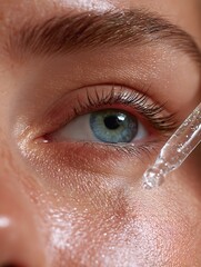 Close-up of White woman using a cooling metal wand under her eye. Clean skin and clear lashes visible.