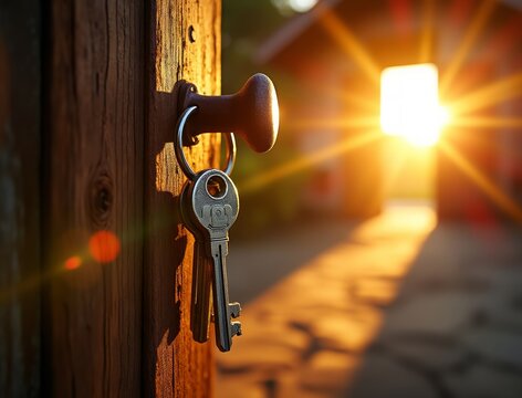 Keys hanging on a weathered wooden door with a bright sunlit opening beyond