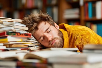 Overworked student sleeping on a pile of books in a library, feeling exhausted from long hours of studying and academic pressure