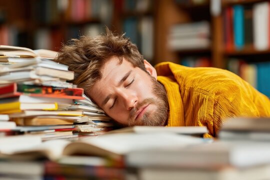 Overworked student sleeping on a pile of books in a library, feeling exhausted from long hours of studying and academic pressure