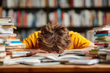 Tired student sleeping on books at the library desk, surrounded by piles of books, after intense studying