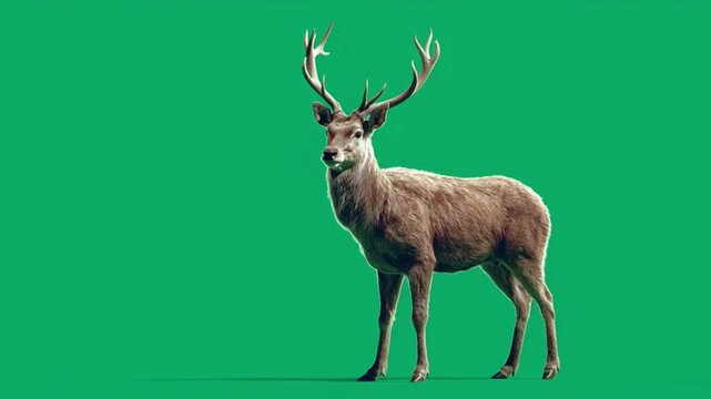 A majestic deer with large antlers standing gracefully against a green background scene view green screen animal video