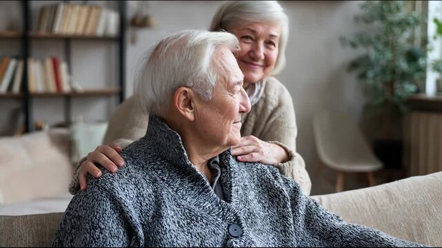 Senior couple hugging tenderly on living room sofa, sharing warm moment near bookshelves, radiating love and contentment during retirement years