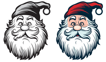 Happy Santa Claus head cartoon illustration. Front view Colored and outline. Cute Smiling Santa Claus face portrait. Stencil colorless black and white outline. Santa Claus face beard moustache. Vector