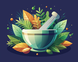 colorful illustration of a mortar and pestle surrounded by fresh aromatic herbal leaves
