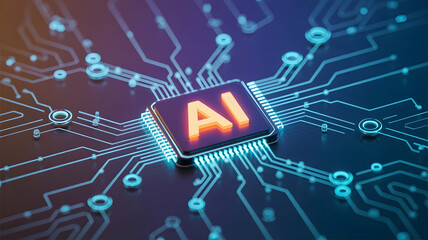 Modern AI chip glowing with digital connectivity showcases cutting edge machine learning and neural network technology for innovative applications