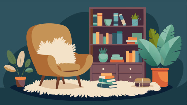 A reading nook with a cozy faux fur chair and a rustic wooden bookshelf stocked with books and plants.