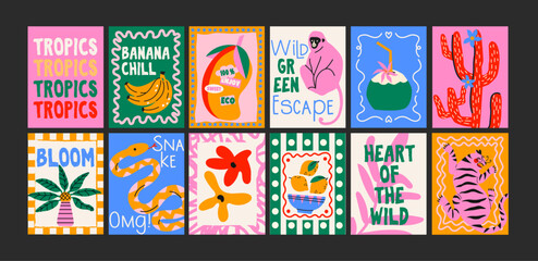 Tropical jungle posters with exotic animals and plants in cartoon style. Wall decor, trendy banners of wildlife, tropical foliage, cocktails, animals. Decor of wallpaper, walls, print and postcard