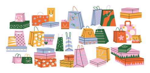 Gift boxes and shopping bags in retro cartoon style. Packaging: festive paper bags, decorative boxes, shopping sacks. Holiday purchase collection, festive wrapping, illustration in retro cartoon style