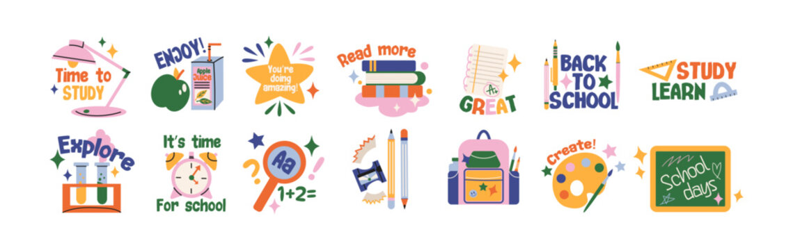 Back to school stickers. Backpacks, school items, stationery, notebooks in retro groovy cartoon style. Retro elements, vector shapes for study, school, university
