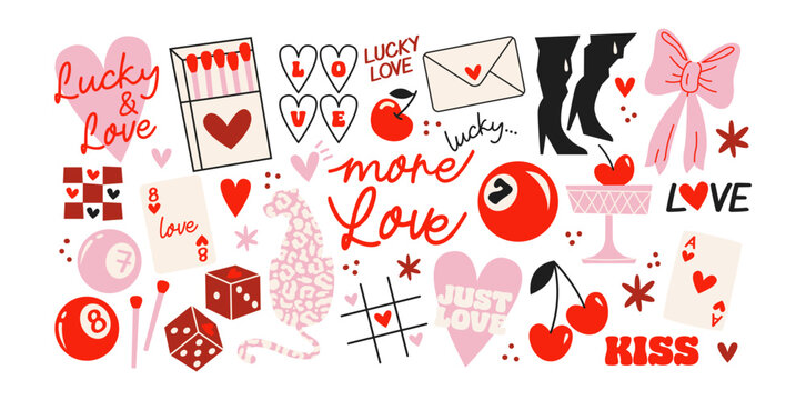 Lucky girls cartoon cute stickers. Set of girly patches of girl power badges in retro doodle groovy vintage 90s style
