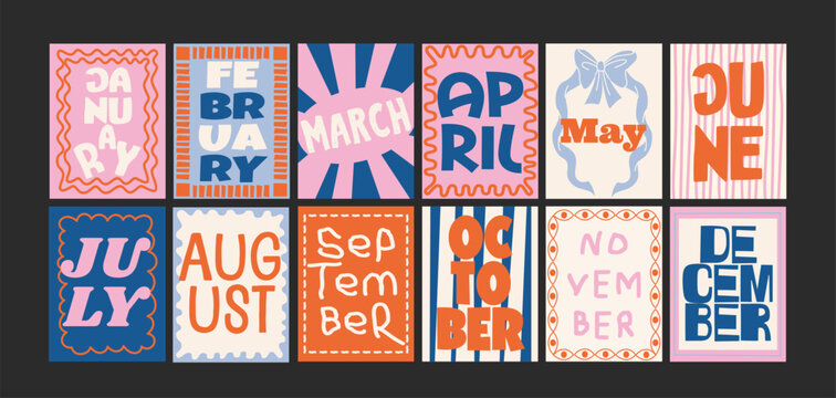 Colorful month posters in cartoon retro style. Fun illustrations with all twelve months of the year and seasonal symbols: sun, strawberry, flower. Decor for decor for calendars and diaries, wall decor