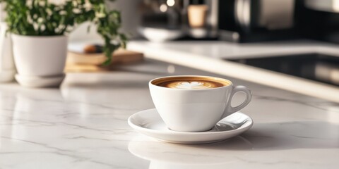Fototapeta premium White ceramic coffee cup with latte art on a marble countertop.