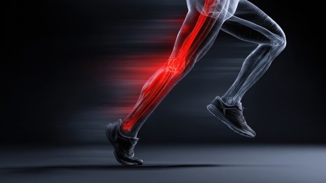 Dynamic graphic of a runners lower leg displaying the red stripe sensation caused by shin splints on the tibia front.