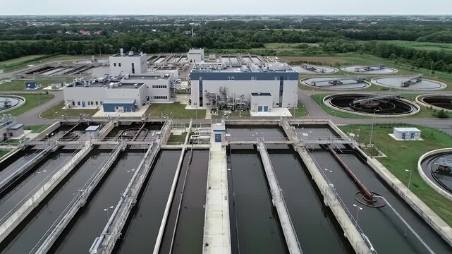 Aerial Flyover of Modern Wastewater Treatment Facility Featuring Rectangular Sedimentation Tanks with Dark Water in Parallel Rows Alongside White and Blue Industrial Buildings Under an Overcast Sky