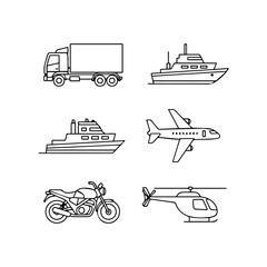 Six outlined vehicles a truck two boats a motorcycle a plane  a helicopter