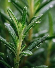 Obraz premium Close-up of rosemary leaves, showing tiny water drops on the leaves.