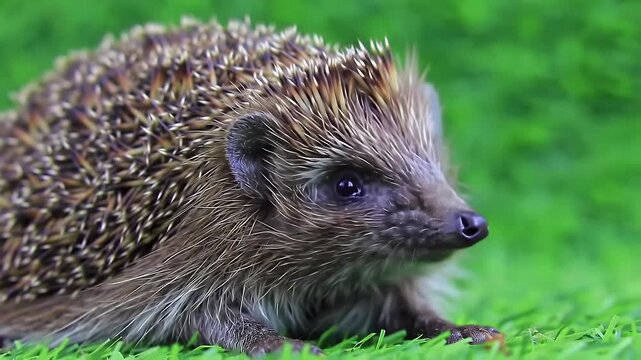Charming Close Up of an Adorable European Hedgehog on Lush Green Grass Displaying Its Spiky Coat in a Nature Setting at Eye Level Perfect for Wildlife and Ecological Themes Aimed for Decoration
